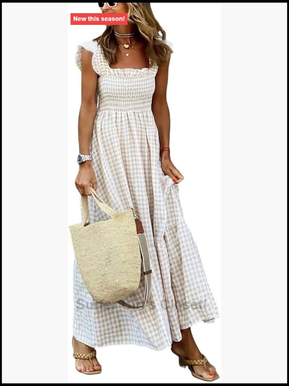 Retro Plaid Smocked Spaghetti Strap Flounce Long Dress with Pockets - Picture 1 of 7